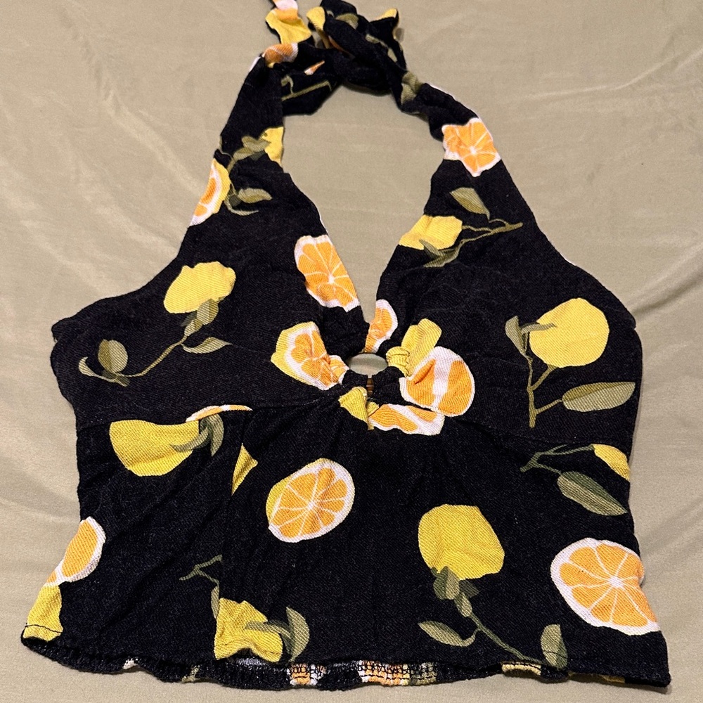 Sienna Sky Black and Yellow Lemon Print Crop Top